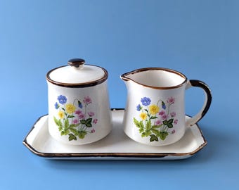 Vintage Ceramic Sugar Bowl & Creamer Set with Tray - Wildflower Motif, Country Kitchen Decor