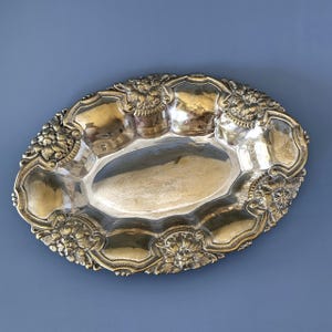 Vintage Large Oval Silver Plated Serving Tray - Floral Repousse Bowl - Cottagecore Decor Gift