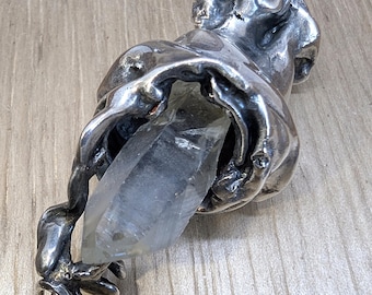 Vintage 70s Brutalist Sterling Silver Pendant - Signed Artisan Studio Piece - Raw Quartz Crystal