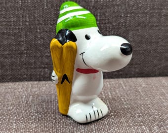 Vintage 70s Ceramic Snoopy Figurine -  Winter Sports Ski - Christmas Decor