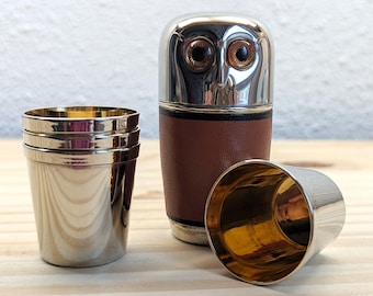 Rare Vintage German Owl Stirrup Cup Set, Complete with 4 Gold-Washed Shot Glasses, Mid-Century Modern Silvered Unique Bar Gift