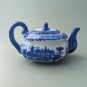 Può includere: Una teiera in ceramica con un classico motivo a salice blu e bianco. Il design raffigura strutture architettoniche dettagliate, alberi ed elementi paesaggistici. Include un coperchio abbinato con pomello, un manico curvo e un beccuccio.