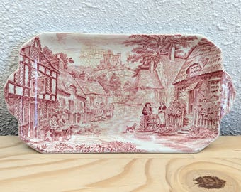 Vintage Enoch Wedgwood Red Transferware Tray | Old English Village Pattern | England | Decorative Countryside Plate