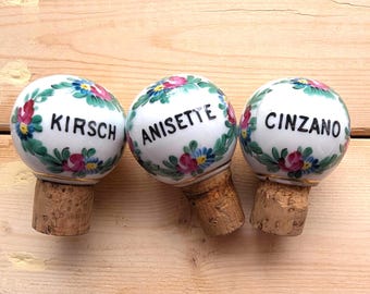 Vintage Porcelain Bottle Stoppers Set - Kirsch Cinzano Anisette - Hand Painted Floral - Barware Decor
