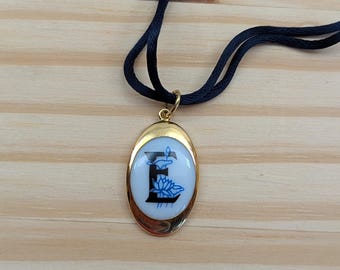 Yanes Madrid 18k Gold Initial E Pendant, Santa Clara Collection 2001, Hand Painted Porcelain Luxury Jewelry, Spanish Royal Family Jeweler