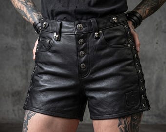 Handmade Women Leather Shorts Black Cowhide High Waist Side Lace Up Biker Leather Shorts Punk Women Gothic Shorts Festival Outfit For Women