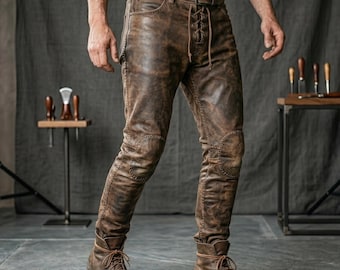 Pantalones de cuero para hombre hechos a mano, con cordones, color marrón, piel de vaca envejecida, pantalones ajustados de motociclista, pantalones de cuero medievales para cosplay.