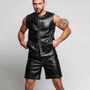 Handmade Men&#39;s Black Leather Vest and Shorts Set | Custom Streetwear Co-Ord | Personalized Genuine Leather Look | Tailored Sleeveless Style