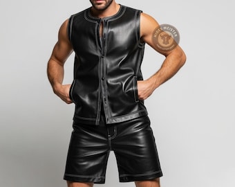 Handmade Genuine Leather Vest & Shorts Set | Custom Streetwear Outfit