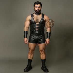 Handmade Black Leather Vest & Shorts Set for Men – Muscle Fit Gothic Festival Outfit - Custom Short Leather Wear
