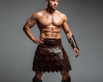 Handgemaakte bruinleren gladiatorkilt | Aangepaste schaalpantser-cosplay
