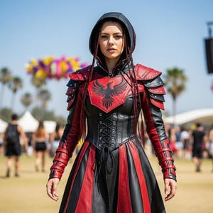May include: A black and red leather hooded dress with a corset-style bodice and a skirt with vertical red stripes. The dress features shoulder armor and a red phoenix emblem on the chest. The sleeves and shoulders are red and black.