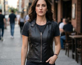 Chaleco de cuero negro ajustado para mujer, estilo motero, hecho a mano. Chaleco de motociclista de piel de vaca auténtica con cremallera y sin mangas.