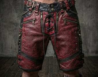 Mens Leather Shorts Biker Shorts Men Leather Cargo Shorts Knee Length Gothic Leather Shorts Lace Up Front Buckle Strap Chain Cowhide