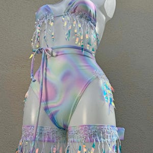 Pastel Sherbet Iridescent Festival Outfit: Rave Bikini Set with Leg Cuff Garter Accessories