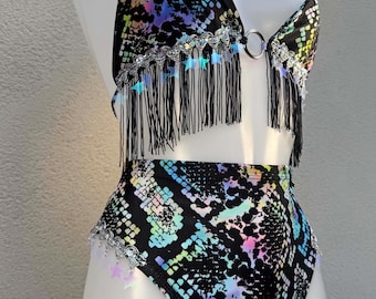 Rainbow Snakeskin Festival Set: Rave Star Bikini Outfit, Fringed Top and Bottoms