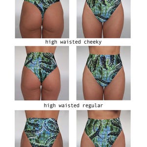 May include: A series of high-waisted swimwear bottoms in thong, cheeky, and regular styles. Each features a vibrant green, blue, and black patterned fabric. The text "high waisted thong", "high waisted cheeky", and "high waisted regular" is displayed.