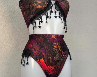 Dark Ink Star Festival Outfit: Womens Rave Black Sequin Bikini Set with Accessories