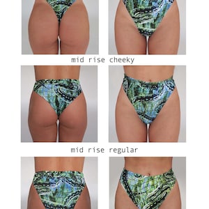 May include: An assortment of mid-rise underwear styles, including thong, cheeky, and regular cuts. Each pair features a vibrant green, blue, and black pattern. The text "mid rise thong", "mid rise cheeky", and "mid rise regular" is displayed above each style.
