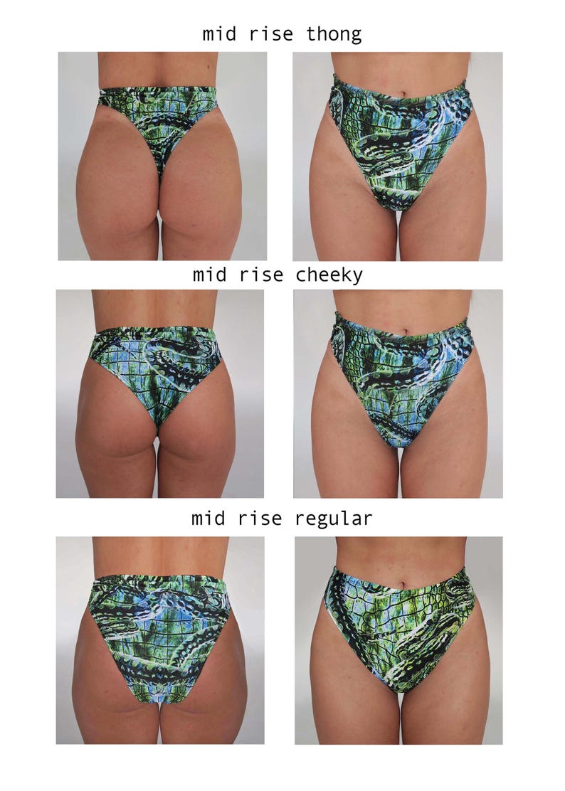 May include: An assortment of mid-rise underwear styles, including thong, cheeky, and regular cuts. Each pair features a vibrant green, blue, and black pattern. The text "mid rise thong", "mid rise cheeky", and "mid rise regular" is displayed above each style.