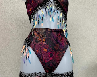 Dark Ink Iridescent Festival Outfit: Rave Sequin Bikini Set with Leg Cuff Garter Accessories
