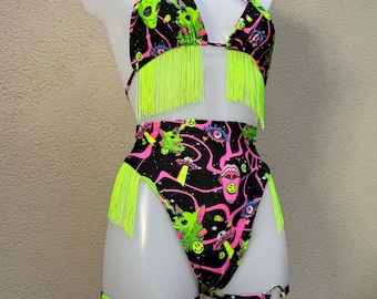 Space Alien Star Festival Outfit: Womens Rave Bikini Outfit with Leg Garter Accessories