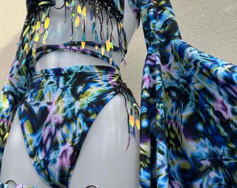 Strobe Kinetic Festival Outfit: Blue Womens Sequin Rave Top and Bottoms with Shrug Accessories