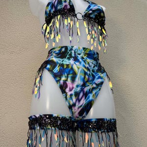 Strobe Iridescent Rave Set: Women’s blue, green and purple sequin festival outfit