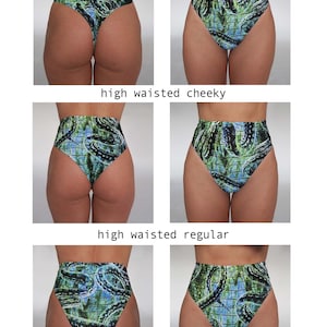 May include: A selection of high-waisted swimwear bottoms, including thong, cheeky, and regular cuts. They are made from a fabric with a striking green, blue, and black pattern. Text reads "high waisted thong", "cheeky", and "regular".