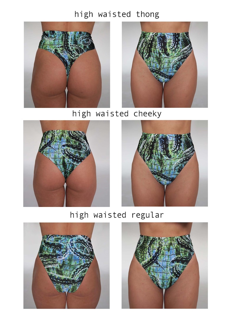 May include: A selection of high-waisted swimwear bottoms, including thong, cheeky, and regular cuts. They are made from a fabric with a striking green, blue, and black pattern. Text reads "high waisted thong", "cheeky", and "regular".