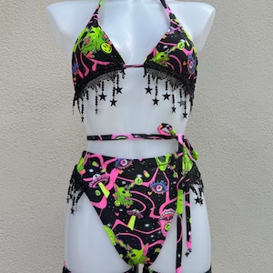 Space Alien Star Festival Outfit: Womens Rave Bikini Outfit mit Bein-Strumpfhalter-Accessoires