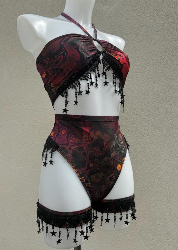 Dark Ink Star Festival Outfit: Womens Rave Black Sequin Bikini Set with Accessories