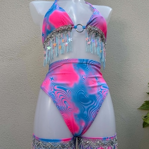 Neon Pink and Blue Fluorescent Sparkly Star Sequin Festival Rave O-Ring Triangle Bikini Set