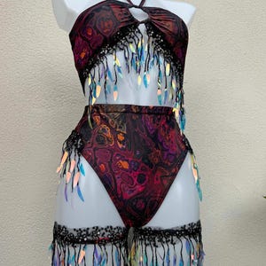 Iridescent Dark Ink Sequin Rave Outfit: Festival Top, Bottoms and Leg Cuffs
