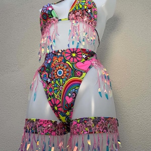 Trippin Daisies Rainbow Pink Festival Outfit: Womens Sequin Rave Outfit with Leg Garter Accessories