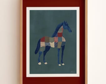 Quilted Horse Print: Folk Art Textile Stallion, Rustic Wall Decor