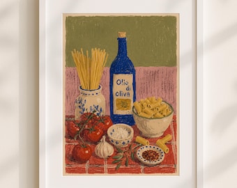 Impressão de Cozinha Italiana | Arte de Parede com Comida Mediterrânea | Natureza Morta Moderna com Estilo Folk