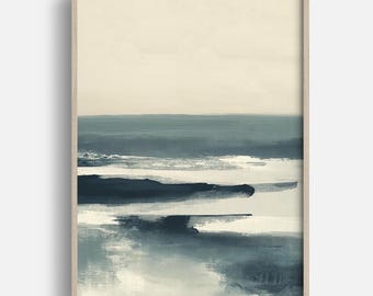 May include: Abstract landscape art print in a wooden frame. The artwork features a serene scene with layers of blue and white brushstrokes, evoking a sense of the sea and sky. The top portion is a soft beige, contrasting with the darker blues below.