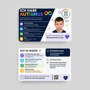 Op de afbeelding: Twee rechthoekige informatiekaarten met afgeronde hoeken. De bovenste kaart toont de tekst ICH HABE AUTISMUS, een oneindigheidssymbool, een foto van een kind en iconen voor communicatie, zintuiglijke prikkels en energie. De onderste kaart bevat noodcontacten, tips en een QR-code.
