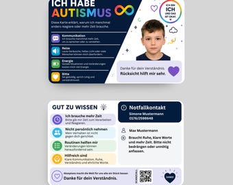 Personalisierte Autismus Karte PVC mit Foto, Notfallkontakt und QR Code, Autismus Ausweis für Kinder, Alltag, Schule & Reisen KTTT