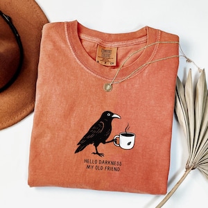May include: A terracotta-colored t-shirt featuring a black raven holding a coffee cup. The text "HELLO DARKNESS MY OLD FRIEND" is printed below the raven. A gold necklace and a brown hat are also visible.