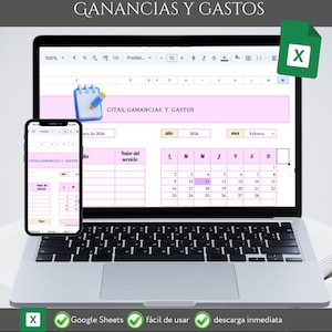 Puede incluir: Un ordenador portátil muestra una hoja de cálculo titulada "CITAS, GANANCIAS Y GASTOS" (Citas, Ganancias y Gastos). Un smartphone muestra la misma hoja de cálculo. La imagen incluye el texto "Google Sheets", "fácil de usar" y "descarga inmediata".