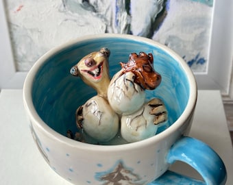 Handmade Ice Age Ceramic Mug – Sid and Dragon Eggs 3D Cup