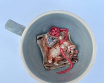 Handmade Ceramic Cat Mug – Cappuccino Cup with Sculpted Cats