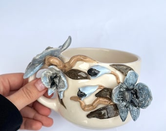 Handmade Ceramic Mug Blue Orchid Flower and Leaf Design,