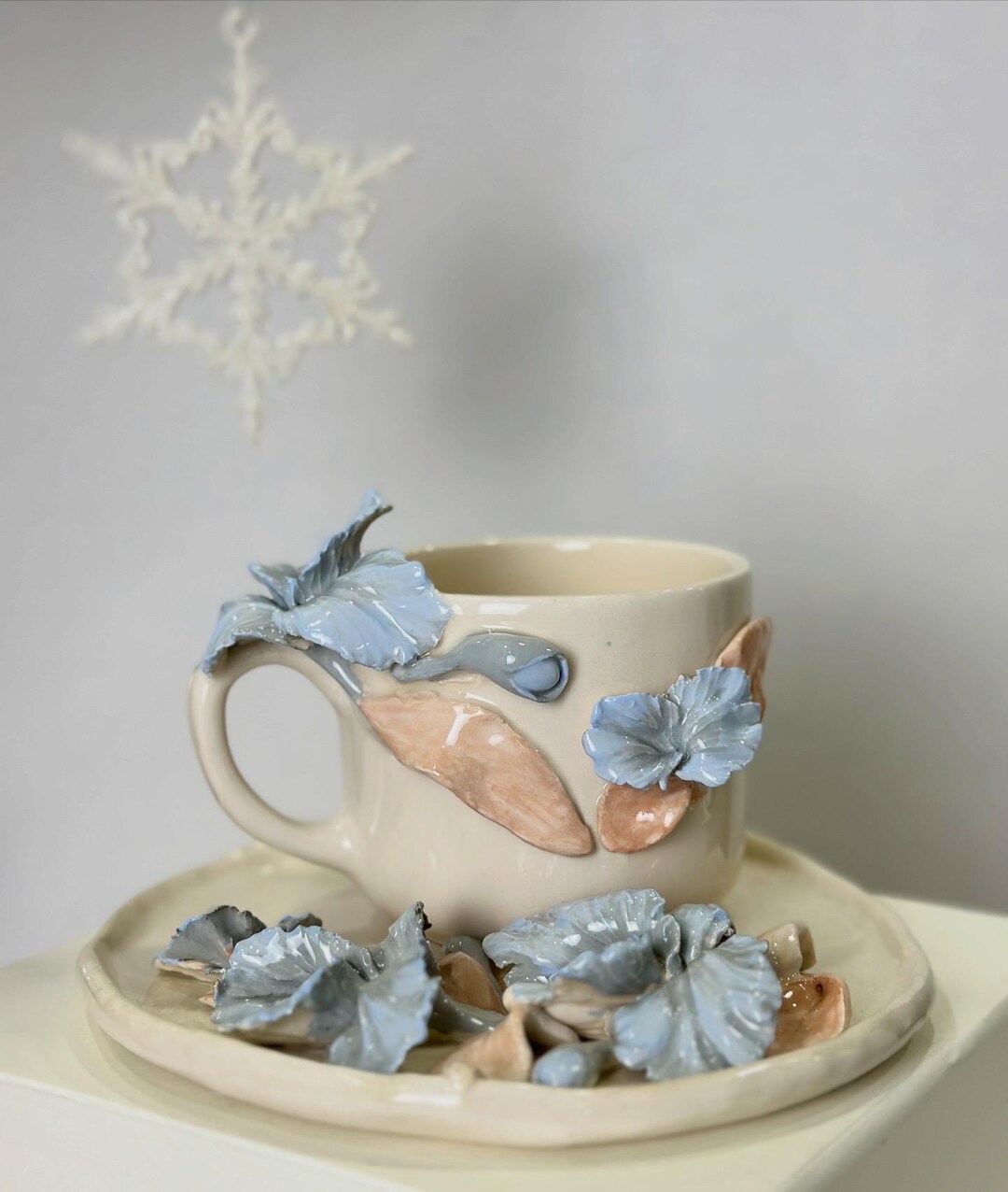 Handcrafted Ceramic Mug & Saucer Set • Blue Floral Design - Etsy