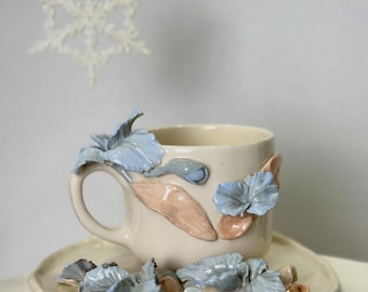 Handcrafted Ceramic Mug & Saucer Set • Blue Floral Design