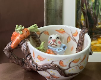 Handmade Ceramic Rabbit Mug – 3D Woodland Bunny & Carrot Cup