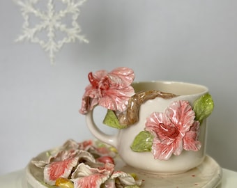 Handcrafted Pink Floral Mug and Saucer Set - Ceramic Cup