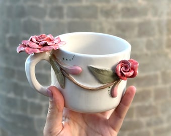 Handmade Pink Rose Ceramic Mug – Floral Pottery Cup, Unique Tea Gift